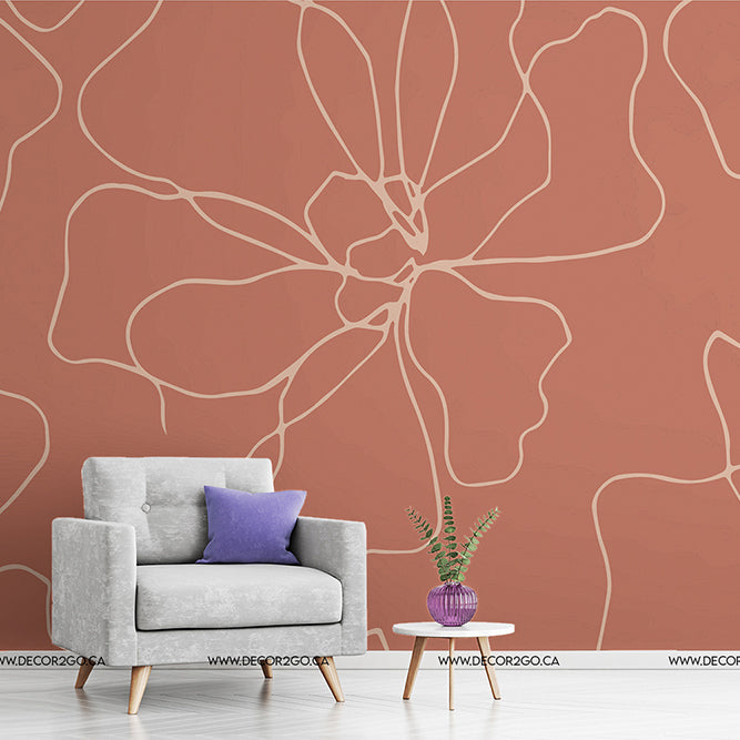 Living Room - Blossom Flower Lines Wallpaper Mural flowers in living room in pink color