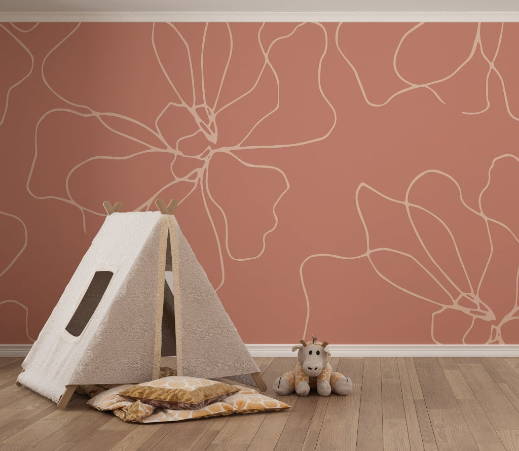 Kids Room - Blossom Flower Lines Wallpaper Mural flowers in kids room in pink color