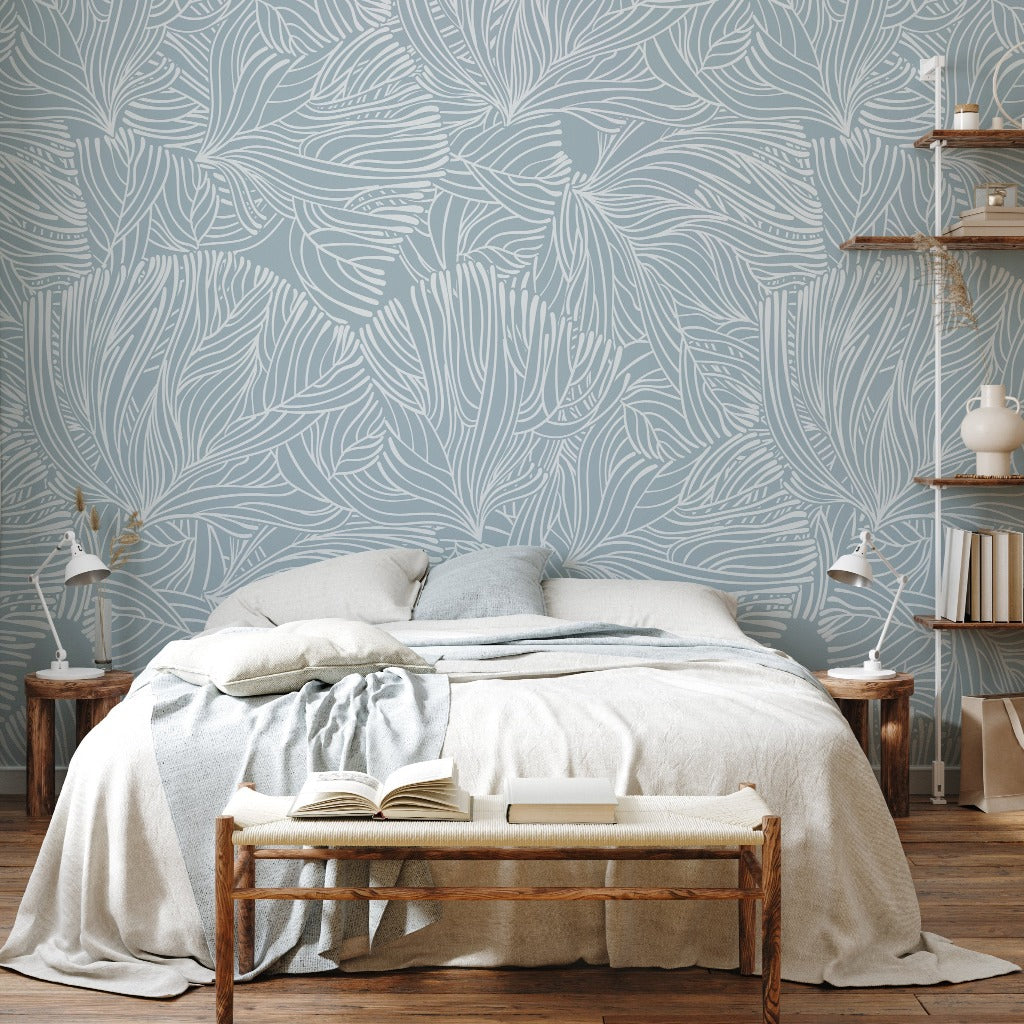 Blue Dream Wallpaper Mural in the cozy bedroom with white shits