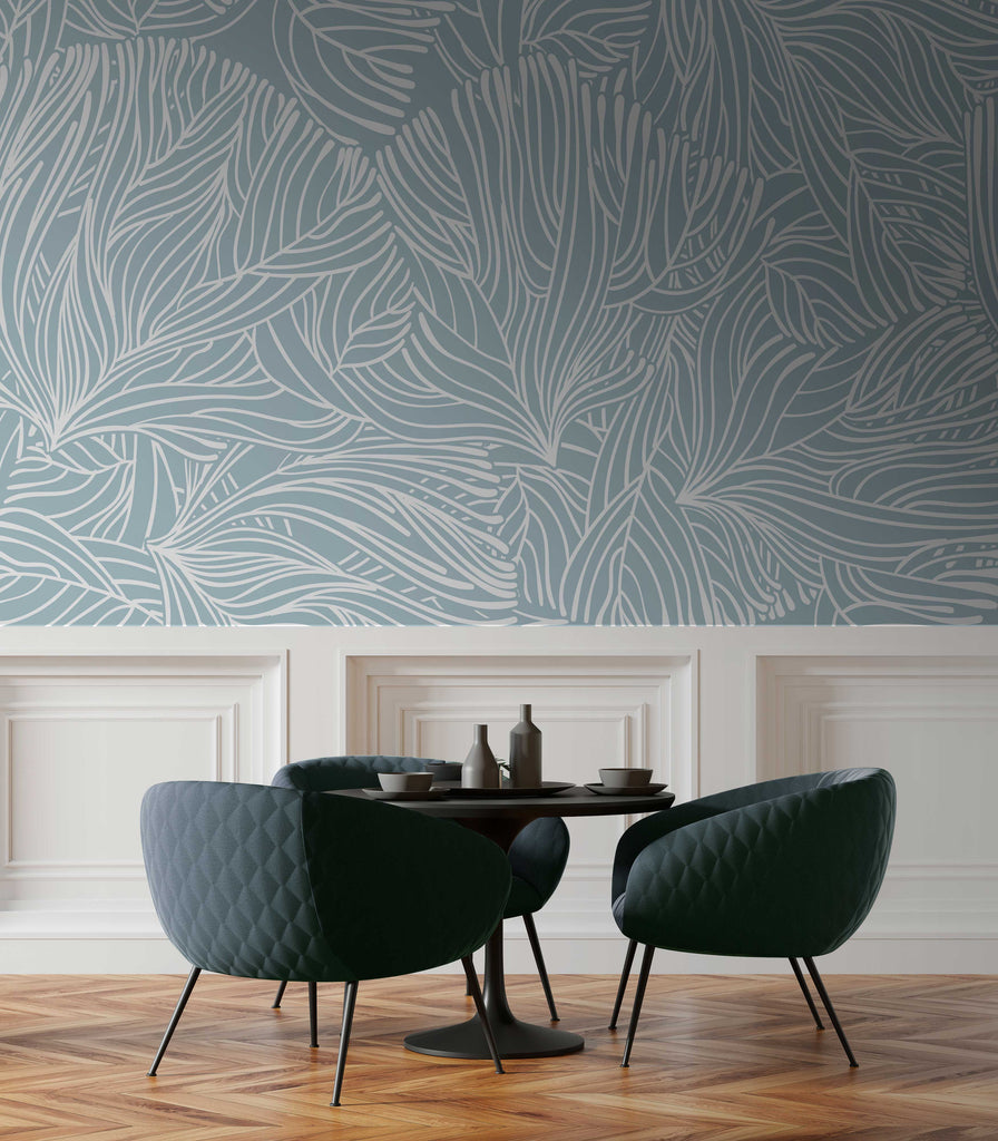 Blue Dream Wallpaper Mural in the dining area with gray chairs