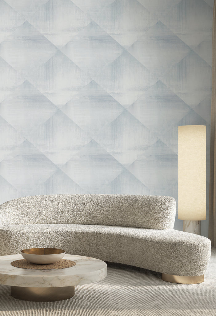 A modern design living room with warm light and diamond print wallpaper