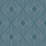 The Blue & Silver Harlowe Wallpaper by York Wallcoverings features a geometric pattern with overlapping blue and white diamond shapes. Metallic elegance shines through radiating lines from each center, forming a visually striking symmetrical abstract design, covering 57 SqFt.