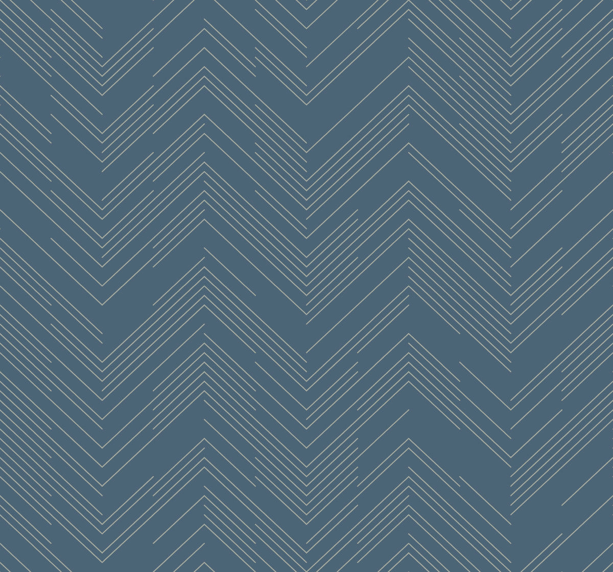 Thin white zigzag lines create a herringbone design on a solid blue background with subtle metallic accents, similar to the Blue & Silver Polished Chevron Wallpaper by York Wallcoverings.