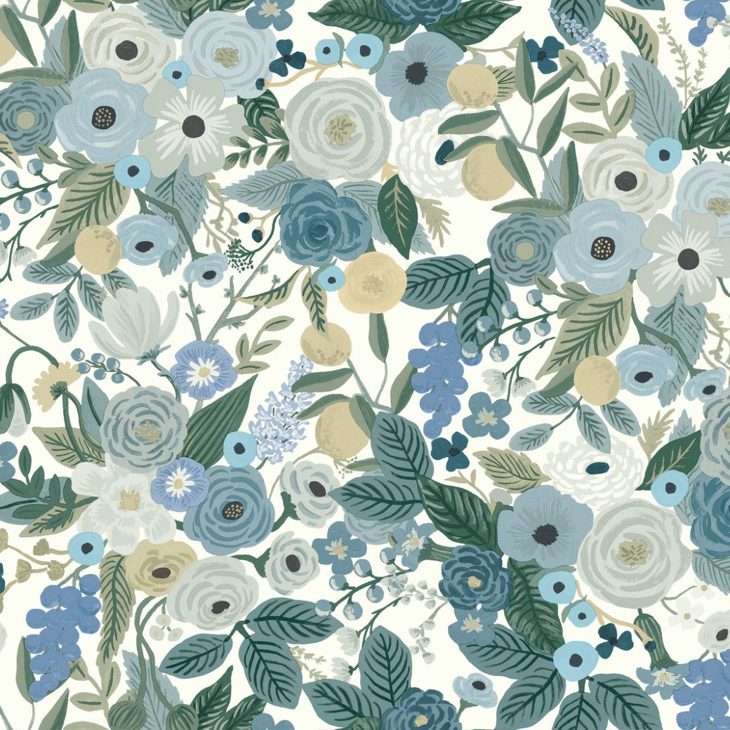 Introducing York's Blues Garden Party Wallpaper, featuring a pattern of bold florals like roses and daisies with leaves in blue, green, cream, and beige on a light background. This harmonious design covers 60 SqFt with intricate botanical elements.