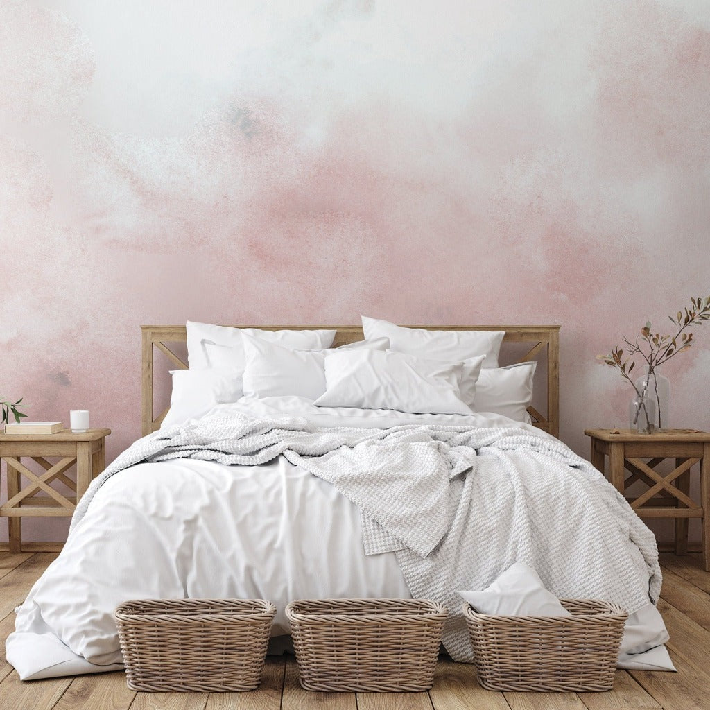 Blush Watercolor Wallpaper Mural in cozy bedroom