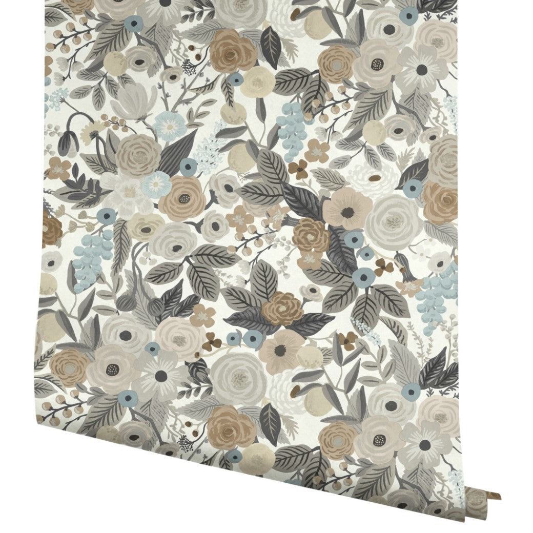 The Brown/Beige Garden Party Wallpaper by York, covering 60 SqFt, features a premium floral pattern in beige, gray, blue, and cream. Its intricate design radiates vintage elegance.