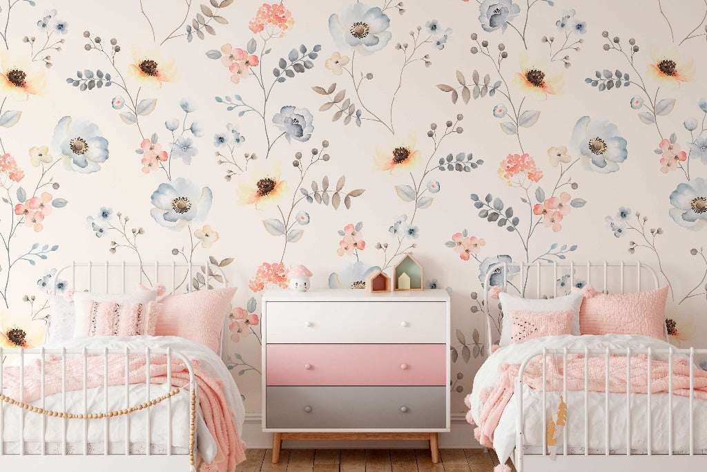 Bedroom - Butterscotch Garden Wallpaper Mural in cozy bedroom for kids
