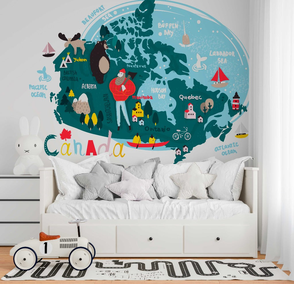 Illustrative Decor2Go Wallpaper Mural on a bedroom wall above a white bed with stuffed animals and a toy car on the floor, featuring colorful landmarks and animals.