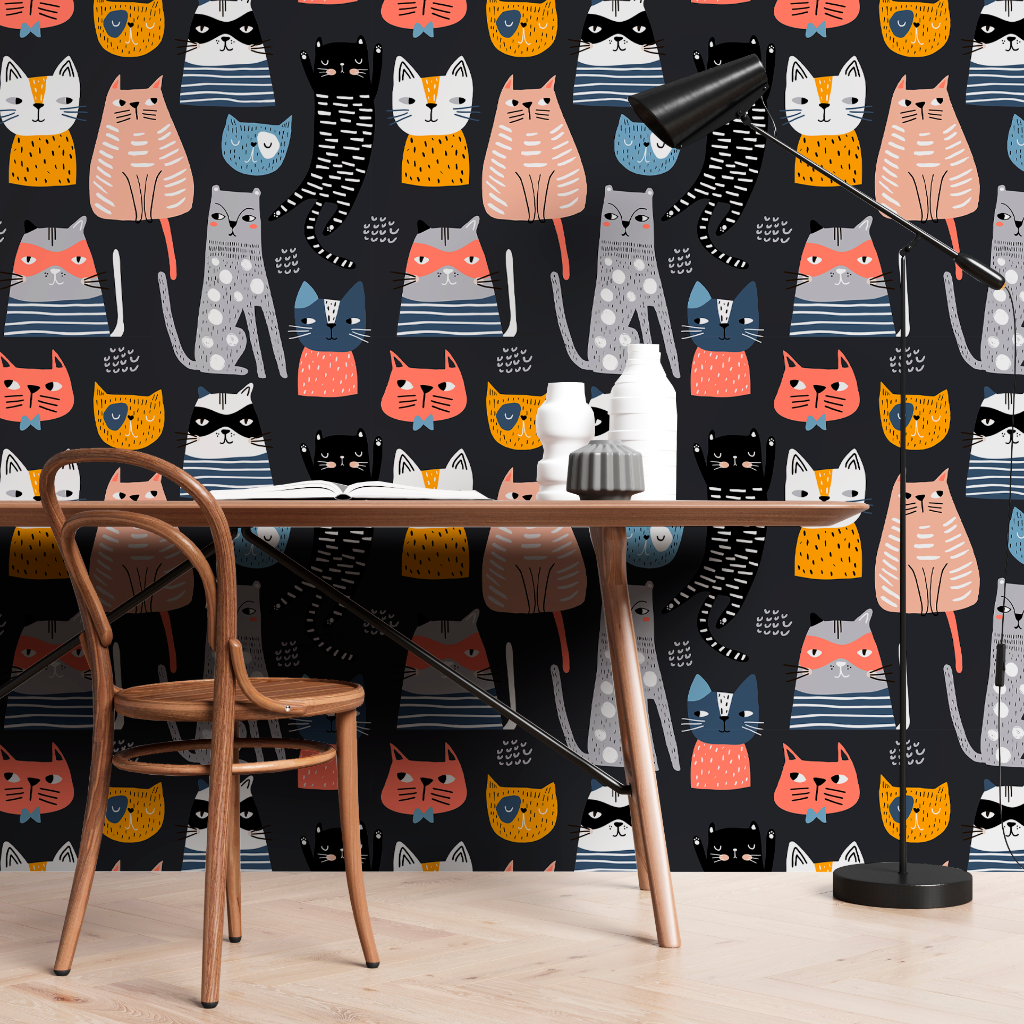 A stylish workspace featuring a vintage wooden chair beside a modern desk with Decor2Go Wallpaper Mural in the background. Desk accessories include a white lamp and small decorative items.