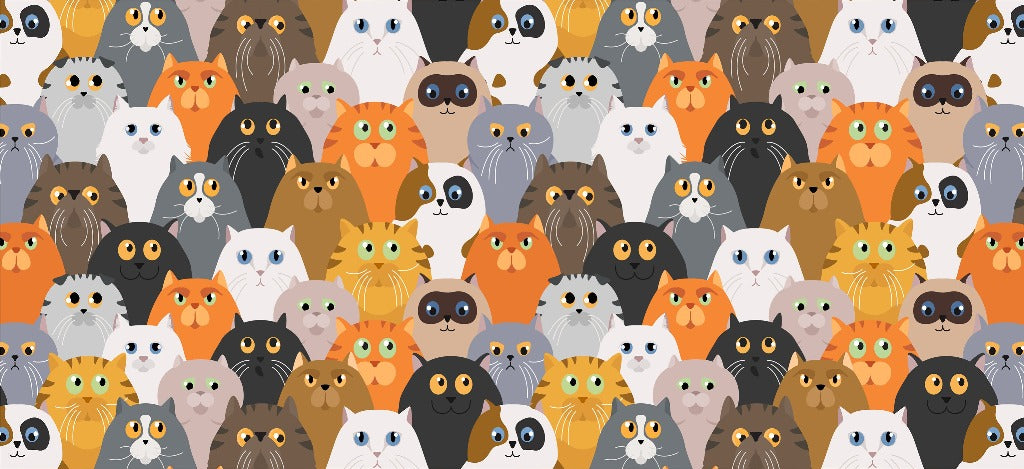 A pattern of various cartoon cats with different fur colors and facial expressions, including orange, gray, and brown, on a light background forms the delightful Decor2Go Wallpaper Mural.