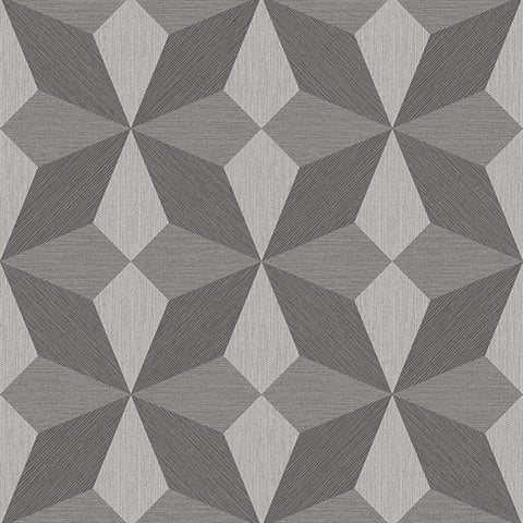 A contemporary design featuring a geometric pattern of interlocking hexagons and 3D cubes in shades of gray. This Charcoal Cerium Concrete Geometric (56 SqFt) wallpaper by York Wallcoverings creates an optical illusion of depth with alternating dark and light tones, lending the pattern a dynamic sense of movement and a striking three-dimensional appearance.