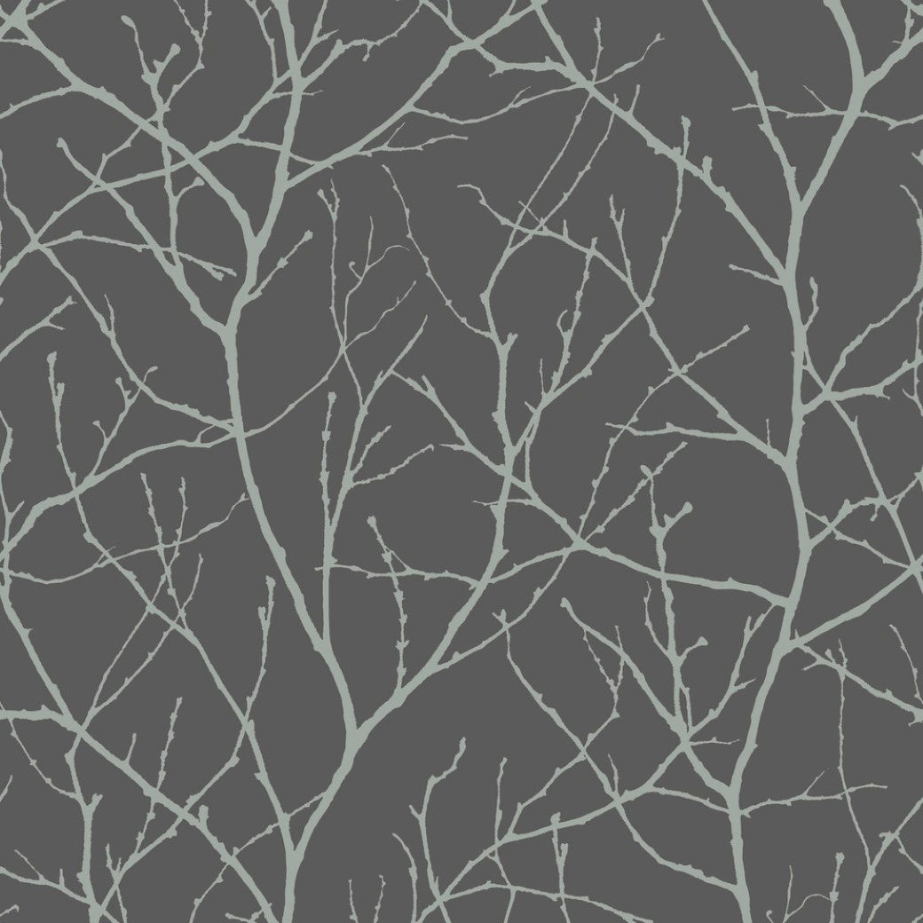 The Charcoal & Silver Trees Silhouette Wallpaper (57 SqFt) from York Wallcoverings features an abstract tree silhouette pattern in light blue on a dark blue background.