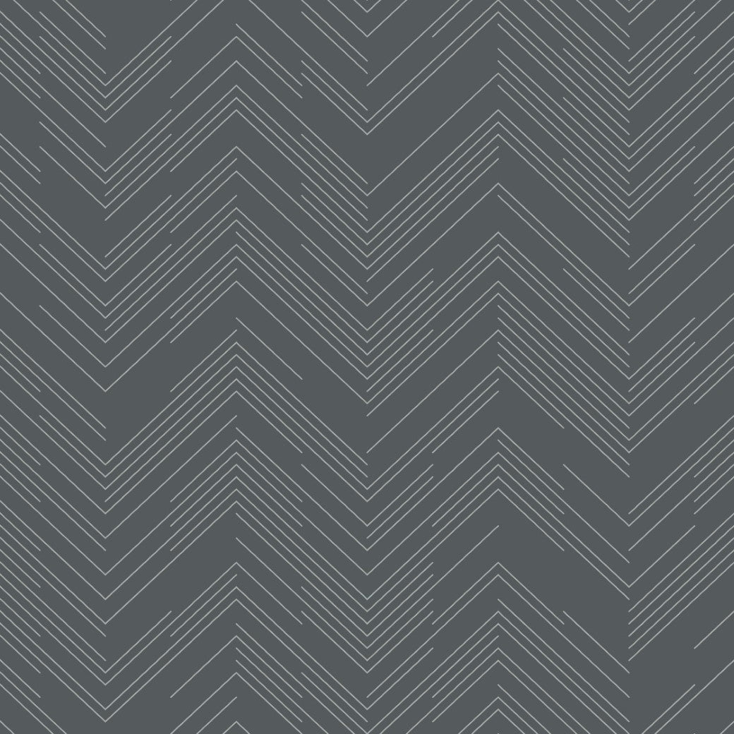 A dark teal background showcases a repeating pattern of thin, polished chevron lines in a vertical zigzag, similar to the Charcoal & Silver Polished Chevron Wallpaper by York Wallcoverings.