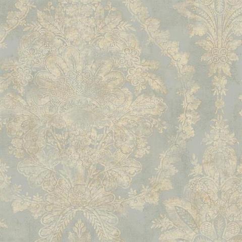A subtle and elegant Aqua Charleston Damask Wallpaper (60SqFt) featuring intricate pearlescent floral patterns on a muted gray background, creating a vintage and sophisticated look by York Wallcoverings.