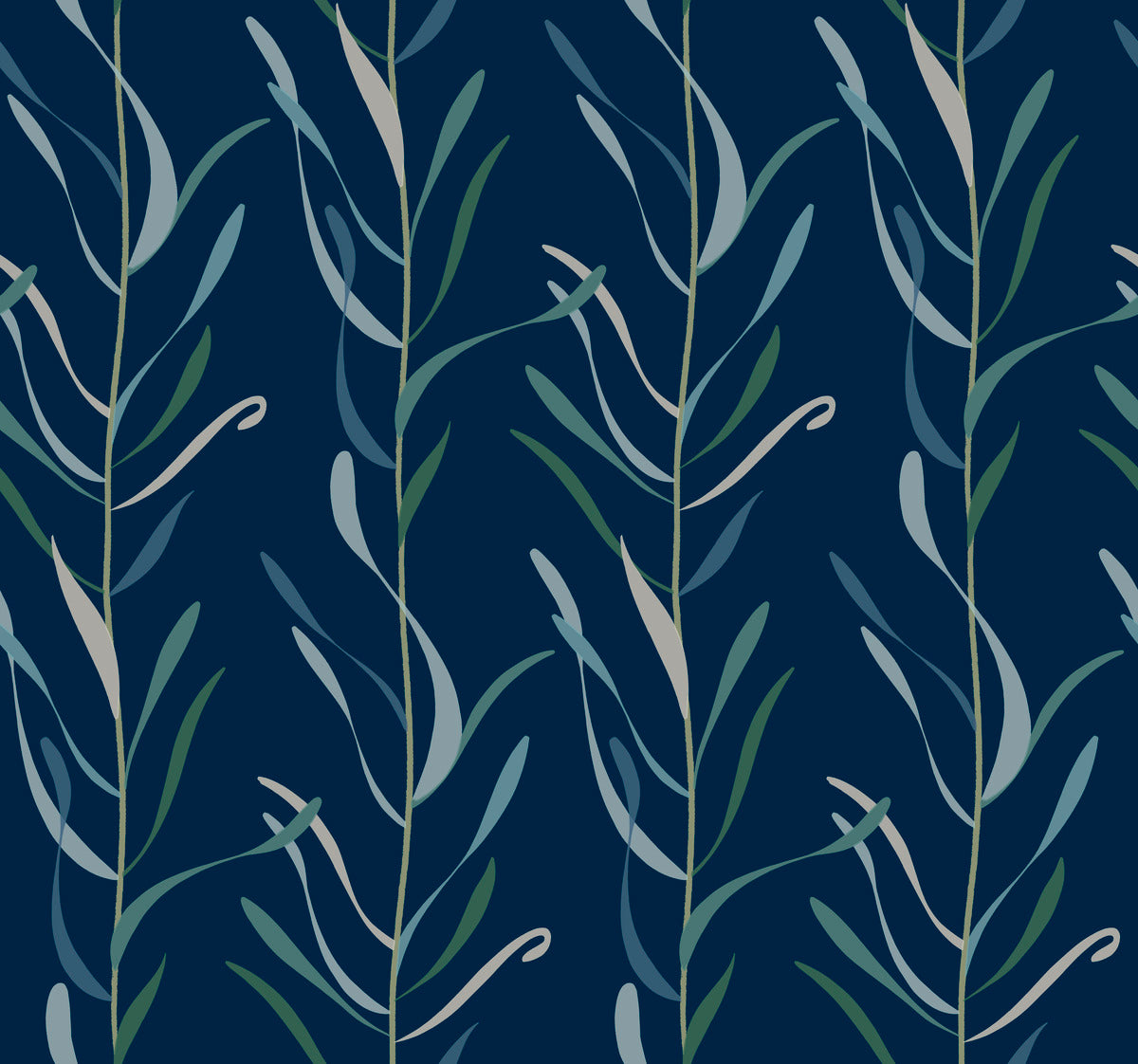 Seamless floral pattern featuring elegant, elongated leaves in shades of green and gray on a dark blue background. This removable Chloe Vine River Rock Wallpaper from York Wallcoverings is stylized and repetitive, creating a tranquil, naturalistic texture.