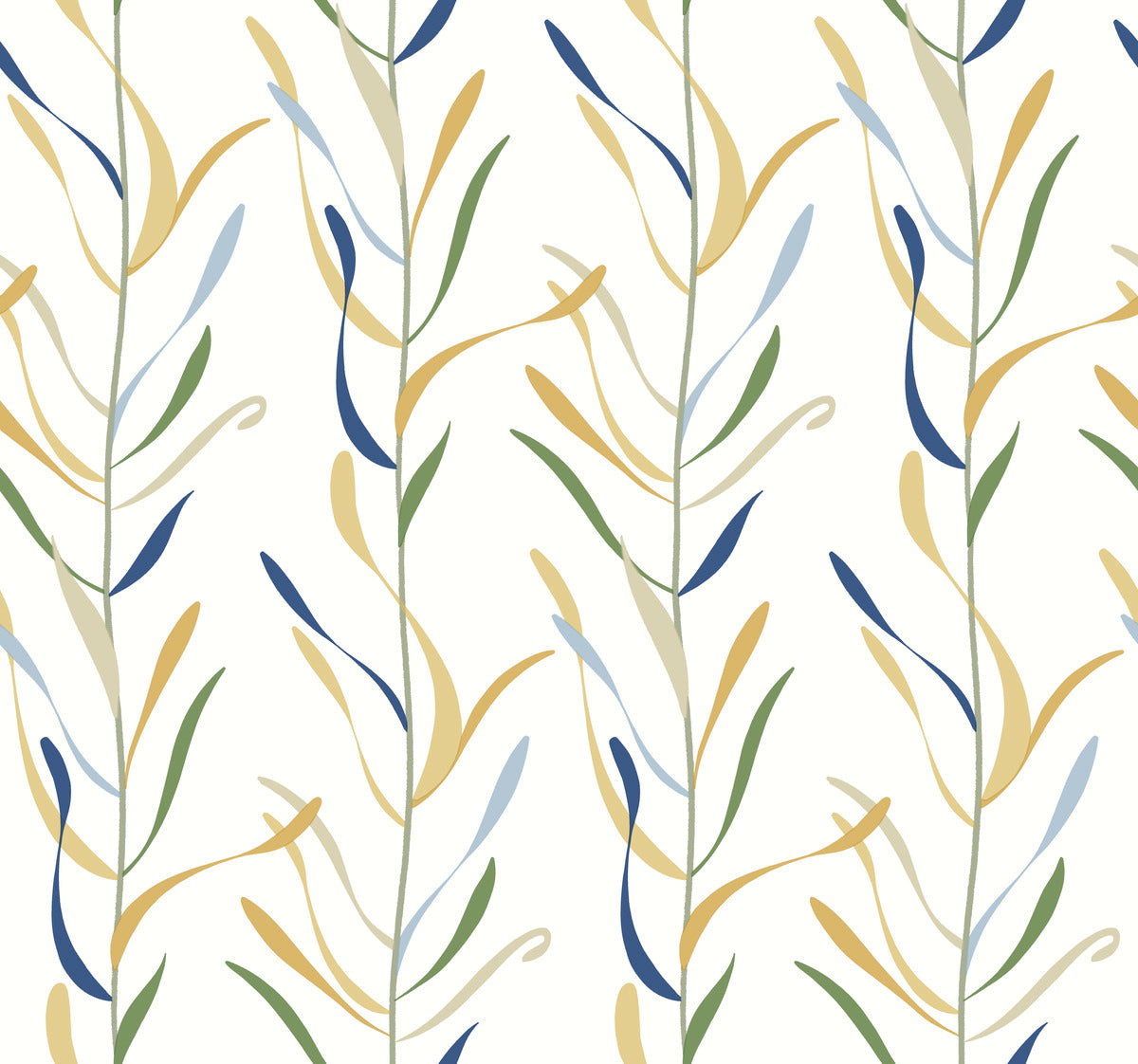 A seamless pattern with abstract, elongated leaves in shades of blue, yellow, green, and gray on a white background. This Chloe Vine Indigo Wallpaper Blue, Green (60 Sq.Ft.) by York Wallcoverings boasts a whimsical design with repeating vertical lines of leaves that have a hand-drawn, organic feel. Plus, it's easily applied using SureStrip technology.