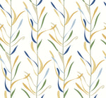 A seamless pattern with abstract, elongated leaves in shades of blue, yellow, green, and gray on a white background. This Chloe Vine Indigo Wallpaper Blue, Green (60 Sq.Ft.) by York Wallcoverings boasts a whimsical design with repeating vertical lines of leaves that have a hand-drawn, organic feel. Plus, it's easily applied using SureStrip technology.