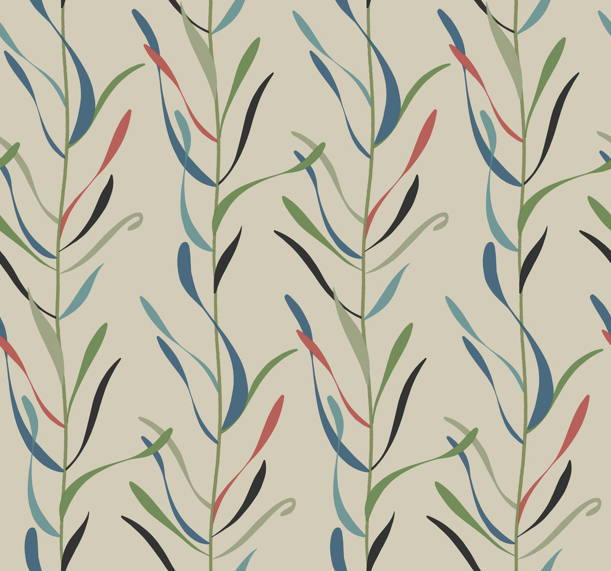 Seamless pattern with stylized colorful leaves and branches on a cream background, depicted in green, blue, and red colors, creating a natural and vibrant Chloe Vine River Rock Wallpaper design by York Wallcoverings.