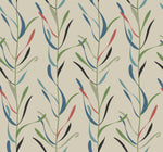 Seamless pattern with stylized colorful leaves and branches on a cream background, depicted in green, blue, and red colors, creating a natural and vibrant Chloe Vine River Rock Wallpaper design by York Wallcoverings.