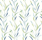 A seamless pattern featuring abstract, slender leaves in various shades of green and blue on a white background. The design, resembling the Chloe Vine Indigo Wallpaper Blue, Green (60 Sq.Ft.) by York Wallcoverings, is composed of vertical lines where the leaves seem to sway gently, creating a harmonious and balanced look.