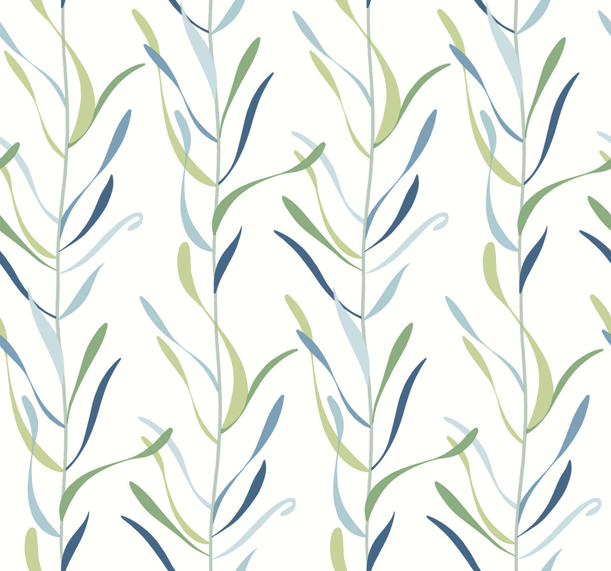 A seamless pattern of stylized, vertical plant stems in shades of blue and green on a white background, featuring York Wallcoverings Chloe Vine River Rock Wallpaper Beige, Grey (60 Sq.Ft.).