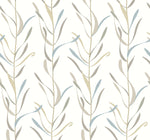 Seamless pattern of stylized, vertical, botanical illustrations in cool tones of gray, blue, and beige on Chloe Vine River Rock Wallpaper by York Wallcoverings, suggesting an elegant, natural motif on a white background.