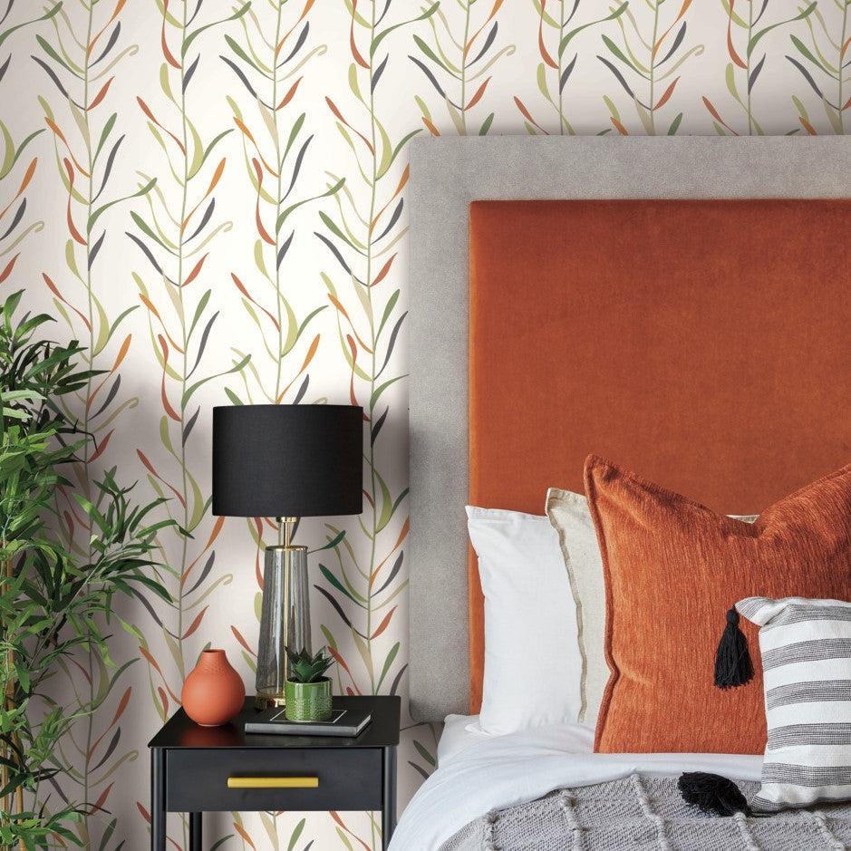 Modern boho bedroom showcasing soft leaves abstract wallpaper