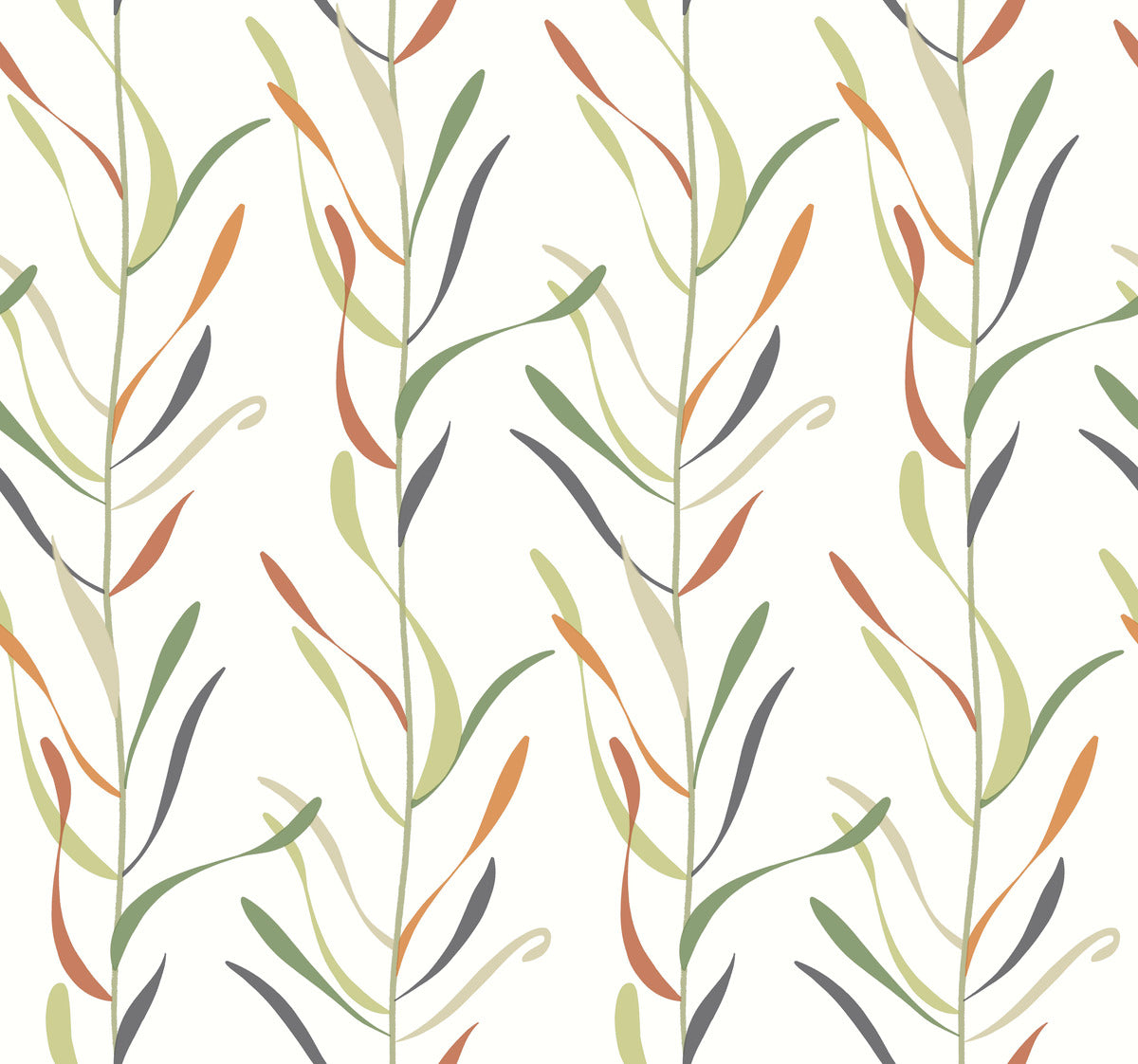 Seamless pattern featuring vertical lines of stylized, delicate leaves in subtle shades of green, orange, and grey on a light background. This Chloe Vine River Rock Wallpaper Beige, Grey (60 Sq.Ft.) from York Wallcoverings is perfect for easy installation and removal.