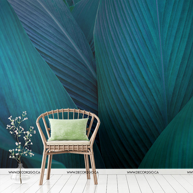 Close-Up Fresh Leaves Wallpaper Mural in living room navy