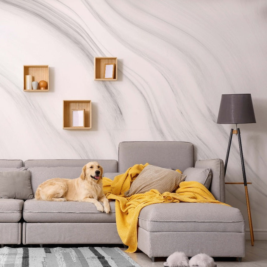 A golden retriever lying on a gray sectional sofa with a yellow blanket, beside a floor lamp, against a marble-textured wall adorned with geometric wooden shelves featuring a Decor2Go Cloud 9 Wallpaper Mural.