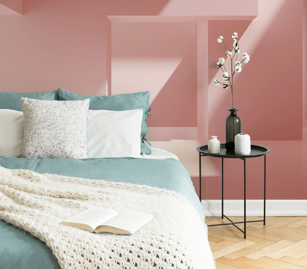 Bedroom with pink wallpaper