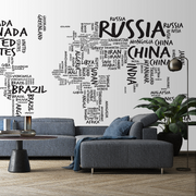 Living Room - A modern living room with a large Decor2Go Wallpaper Mural Country Names Map on the wall where countries are represented by their names in different font sizes. The room has a blue sofa, a coffee table, and a p