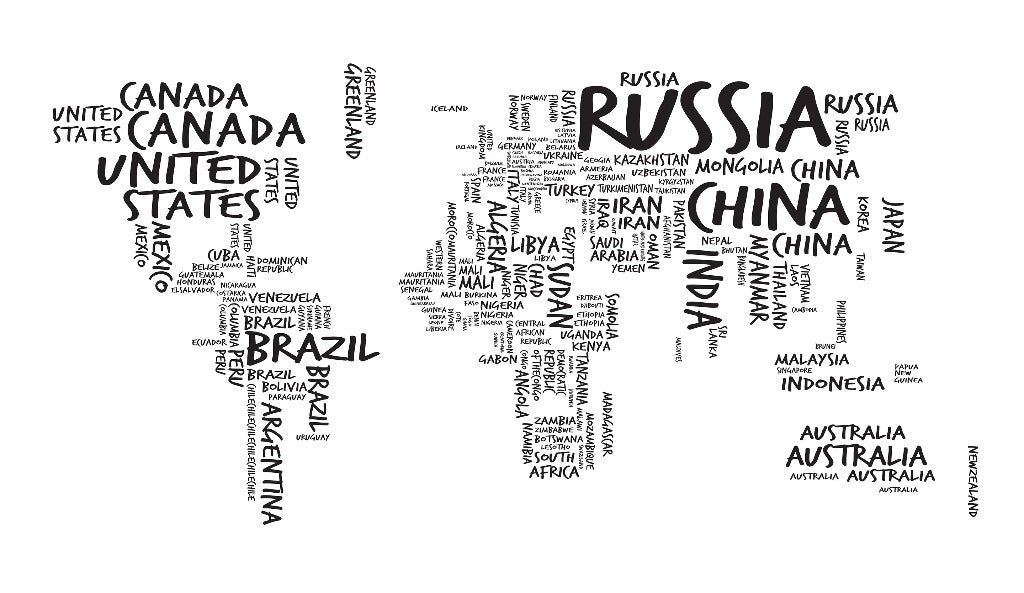 A Decor2Go Wallpaper Mural designed with country names in varied font sizes, positioned to form the geographical shapes of the continents they represent.