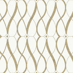 The Cream & Gold Graceful Geo Wallpaper by York Wallcoverings showcases an elegant geometric design with interlocking burnished gold metallic and beige wave patterns, forming diamond and oval shapes on a white background—a stunning symmetry masterpiece.