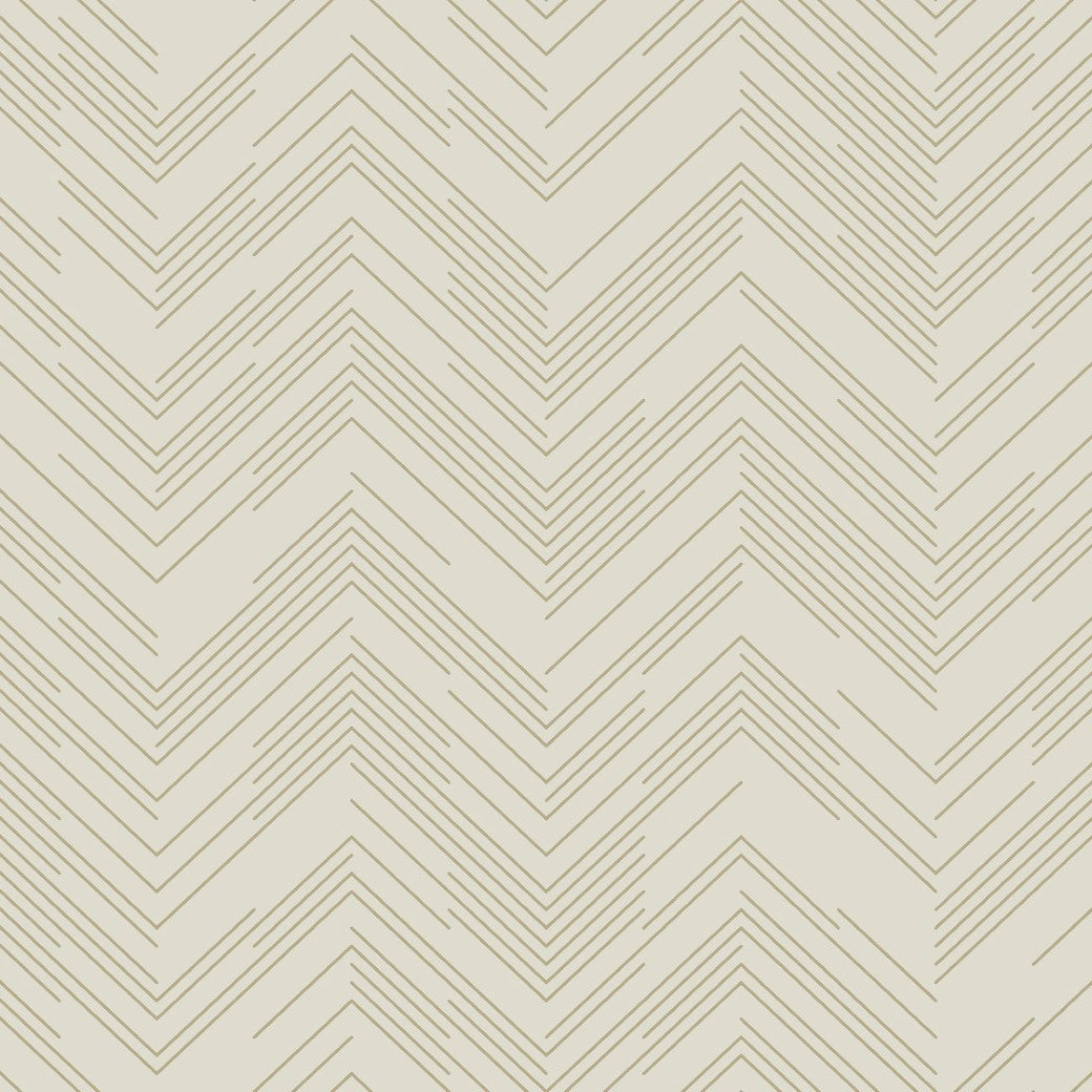 The Cream & Gold Polished Chevron Wallpaper by York Wallcoverings features a beige background with thin olive green zigzag chevrons, creating a chic geometric metallic design as part of the Modern Metals Collection. Perfect for any space, covering 60 sq ft.