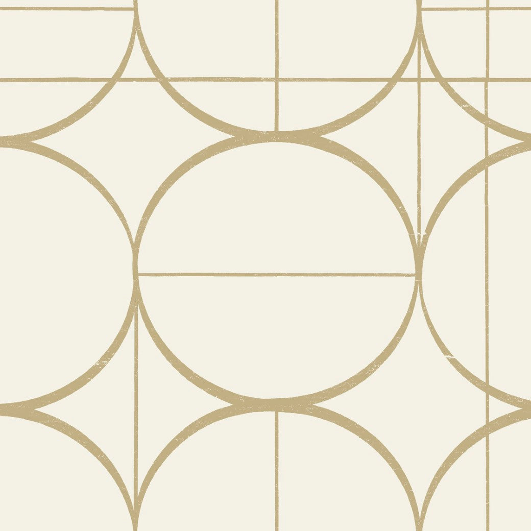 The Cream & Gold Sun Circles Wallpaper by York Wallcoverings features a geometric design of intersecting circles and lines in light beige and metallic gold, creating a symmetrical and repetitive appearance.