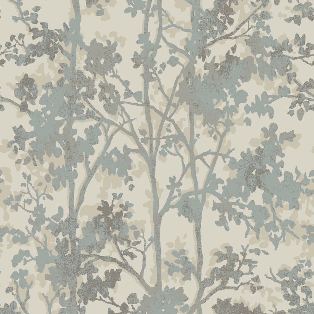 The Cream & Silver Shimmering Foliage Wallpaper by York Wallcoverings features abstract tree branches with leaves in blue, beige, and gray tones on a light background, creating an elegant and natural texture to any room.