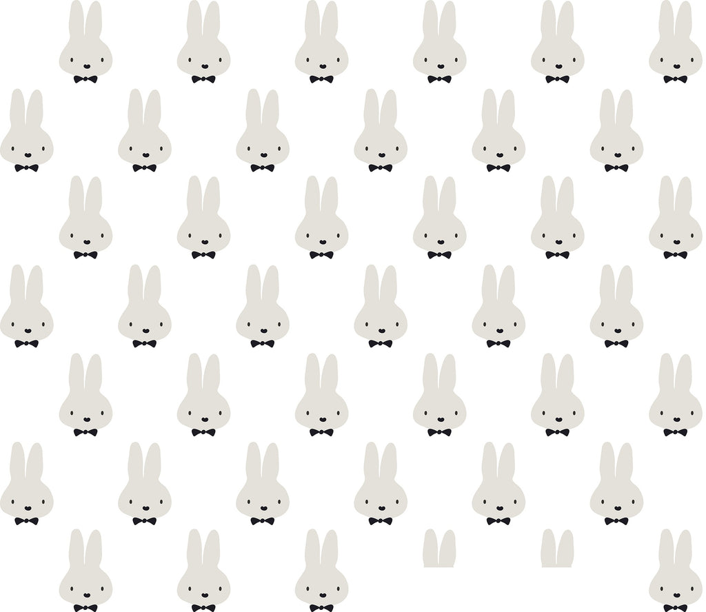 A whimsical wonderland pattern featuring multiple rows of Adorable Grey Rabbit Faces Wallpaper Murals by Decor2Go, each with distinct expressions and bow ties, perfect for kids' spaces.