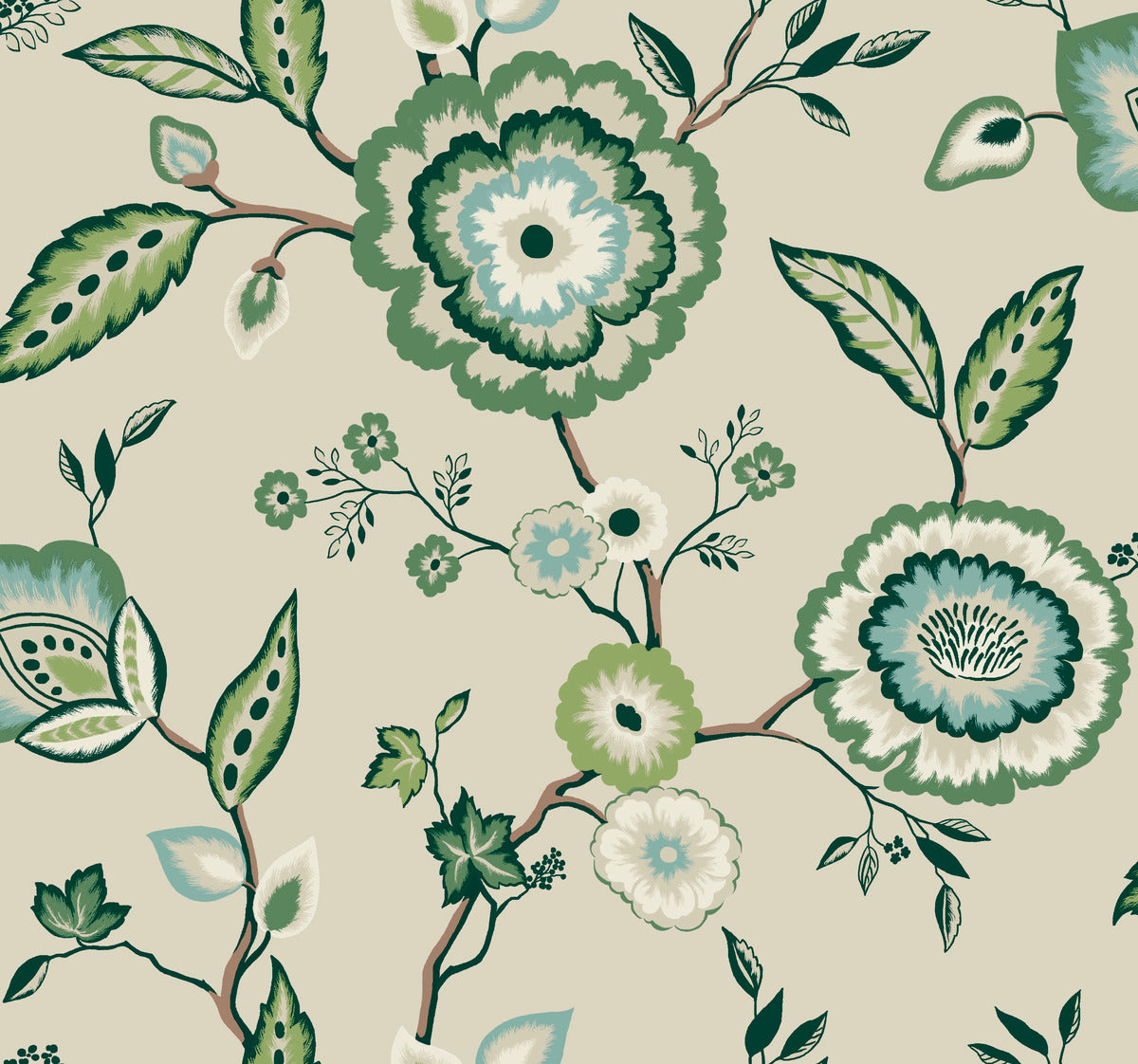 A light beige background with a botanical pattern of stylized flowers and leaves. The design features large, detailed floral motifs in shades of green, teal, and white, interspersed with smaller flowers and leaves connected by thin branches, embodying botanical elegance. This is beautifully exemplified in the Dahlia Blooms Dove/Cornflower Wallpaper Blue, White/Off White (60 Sq.Ft.) by York Wallcoverings.