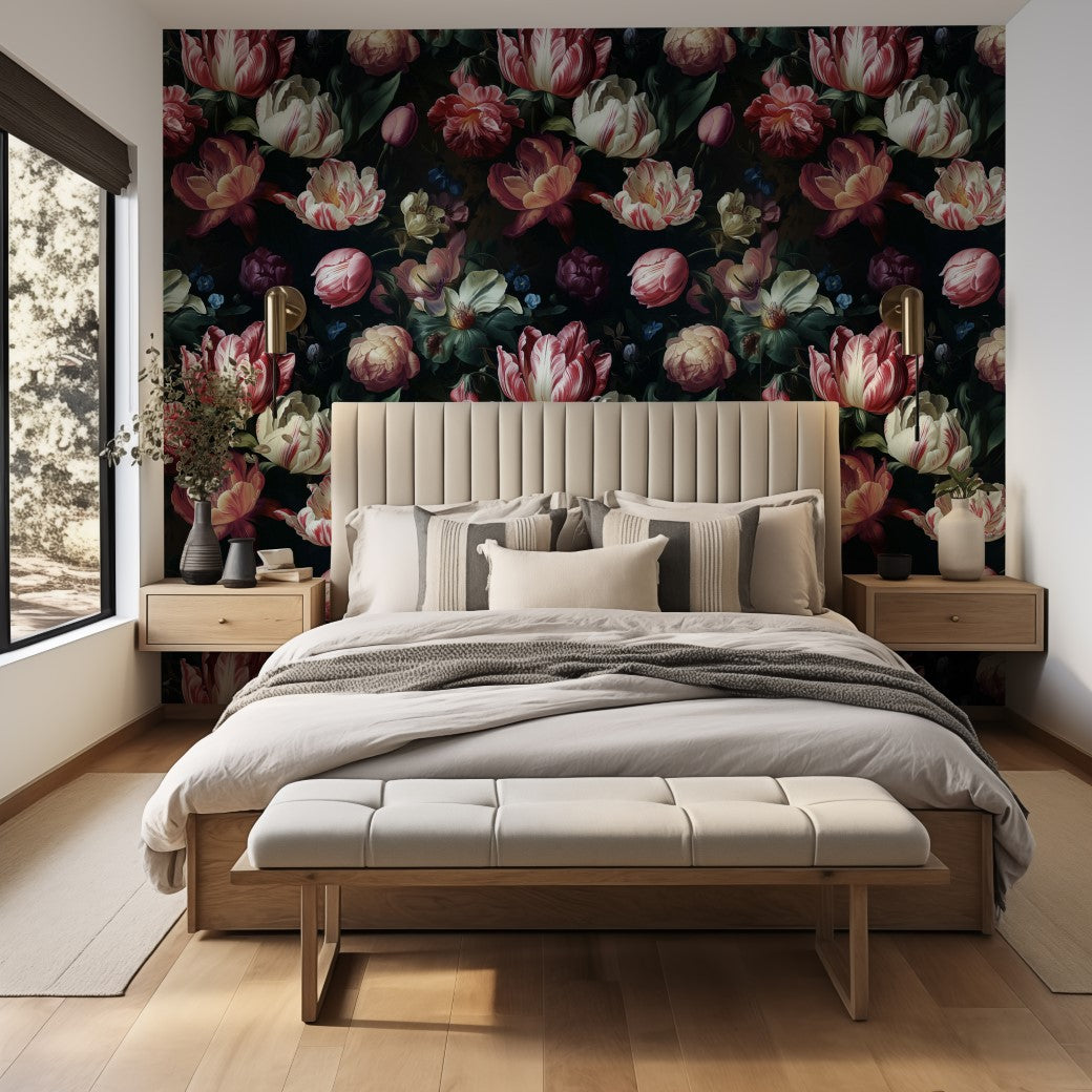 Bedroom - A cozy bedroom features a beige, upholstered bed with multiple pillows. Wooden nightstands flank the bed, enhanced by Decor2Go's Dark Elegance Floral Wallpaper Mural, adding color and sophistication. Light pours in from a large window, highlighting the wooden floor and bench.