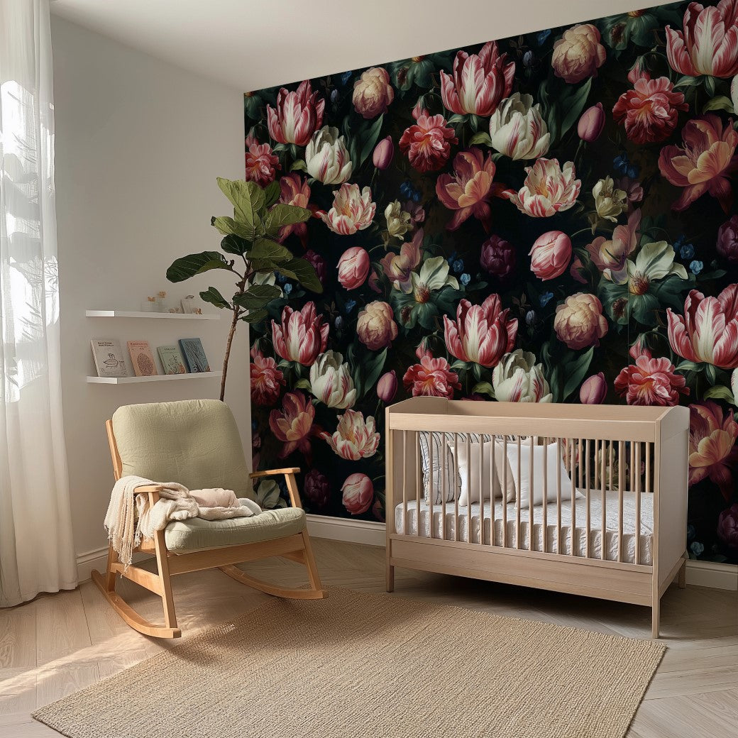 Nursery - A cozy nursery includes a wooden crib and a beige rocking chair with a soft blanket. The Decor2Go Dark Elegance Floral Wallpaper Mural enhances the back wall, and a small plant adds greenery. Sunlight streams through sheer curtains, crafting an inviting atmosphere.