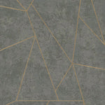 Abstract image of a textured dark grey background intersected by thin gold lines forming geometric shapes like triangles and quadrilaterals. Part of the Modern Metals Collection, the Dark Grey & Gold Nazca Wallpaper (57 SqFt) by York Wallcoverings has a distressed, weathered appearance.