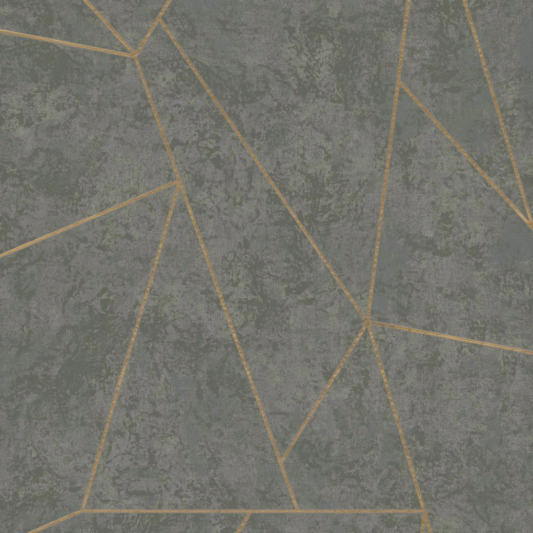 Abstract image of a textured dark grey background intersected by thin gold lines forming geometric shapes like triangles and quadrilaterals. Part of the Modern Metals Collection, the Dark Grey & Gold Nazca Wallpaper (57 SqFt) by York Wallcoverings has a distressed, weathered appearance.