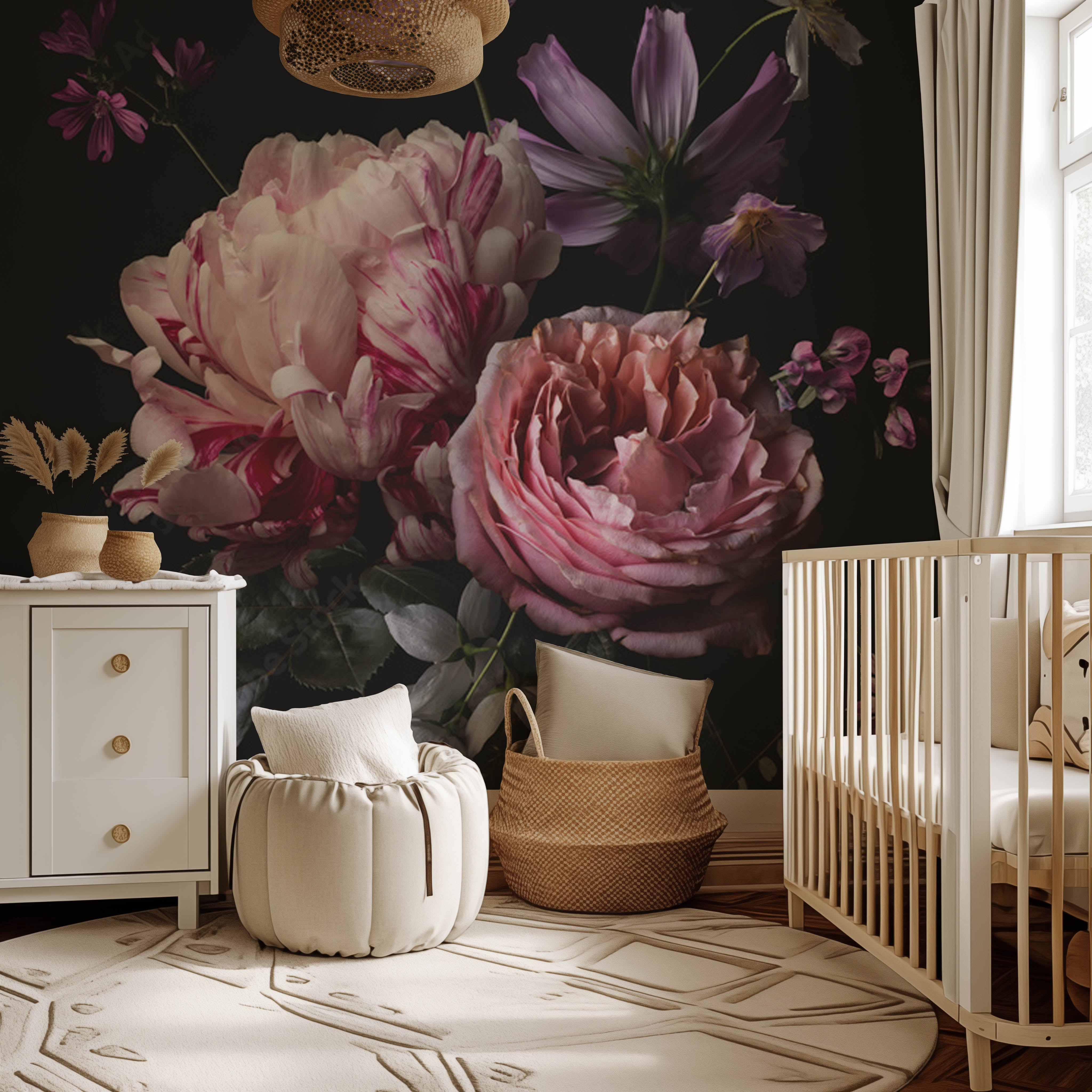 Nursery - A cozy nursery features a white crib, a small dresser with three drawers, and a plush ottoman on a geometric-patterned rug. The wall is adorned with the Decor2Go Wallpaper Mural's Midnight Peony Floral Wallpaper Mural, showcasing oversized pink and purple blooms against a dark background for dramatic flair.