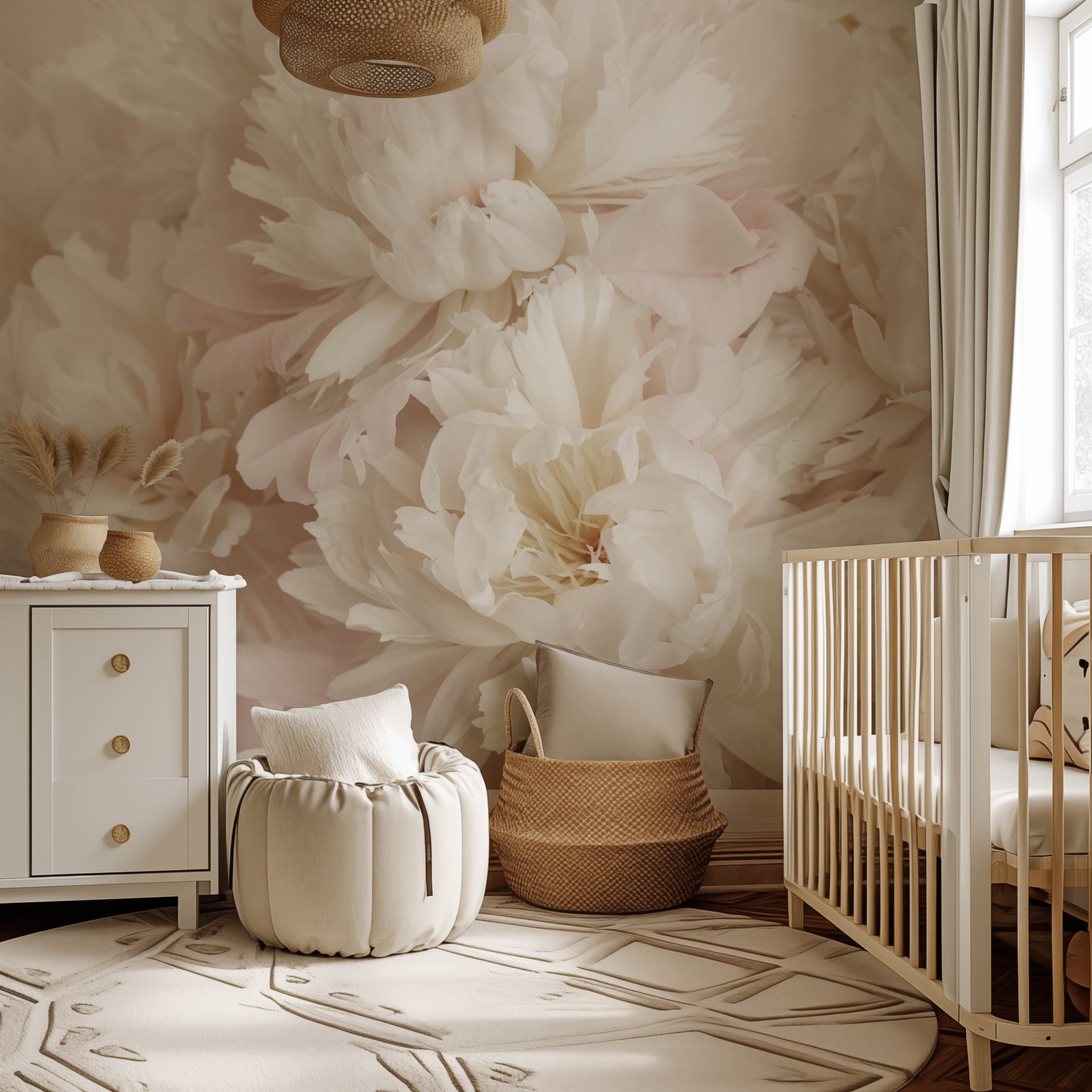 Nursery - The nursery exudes coziness with a crib, changing table, and soft seating. The walls are beautifully adorned with the Whispers of Peonies Wallpaper Mural by Decor2Go in soft white and beige hues. Natural light cascades through a window framed by sheer curtains, while a woven basket complements the gentle floral décor.
