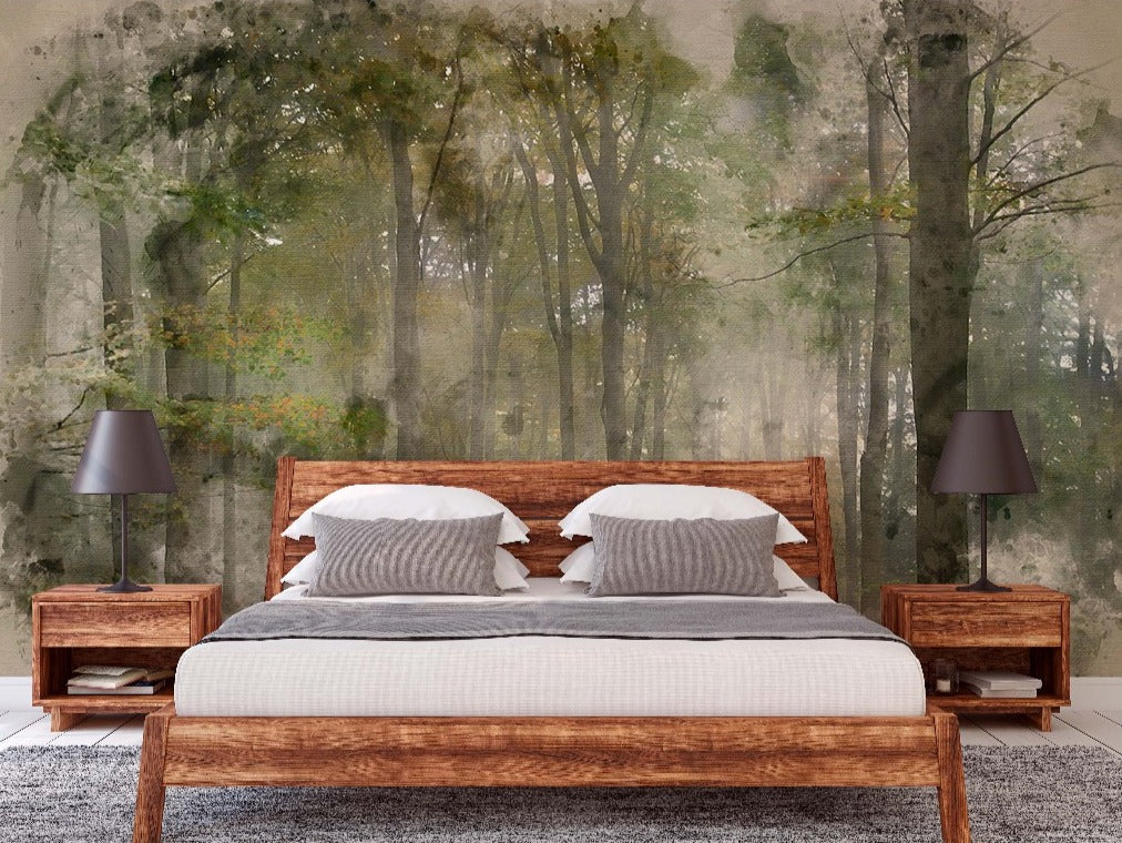 Bedroom - A contemporary bedroom with a large wooden bed flanked by matching nightstands and lamps, showcasing a full-wall Decor2Go Wallpaper Mural of a misty, dense forest.