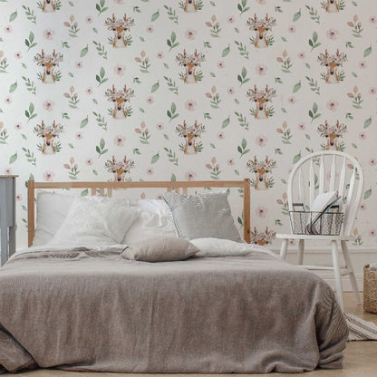 A cozy child's room with a double bed covered in a grey blanket, white pillows, and a Decor2Go Wallpaper Mural background. A wooden chair and a grey nightstand are also visible.