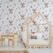 Kids Room - A cozy children's room featuring a wooden house-shaped frame bed with white linens and a fox pillow, a small wooden table and chairs, set against a Decor2Go Wallpaper Mural.