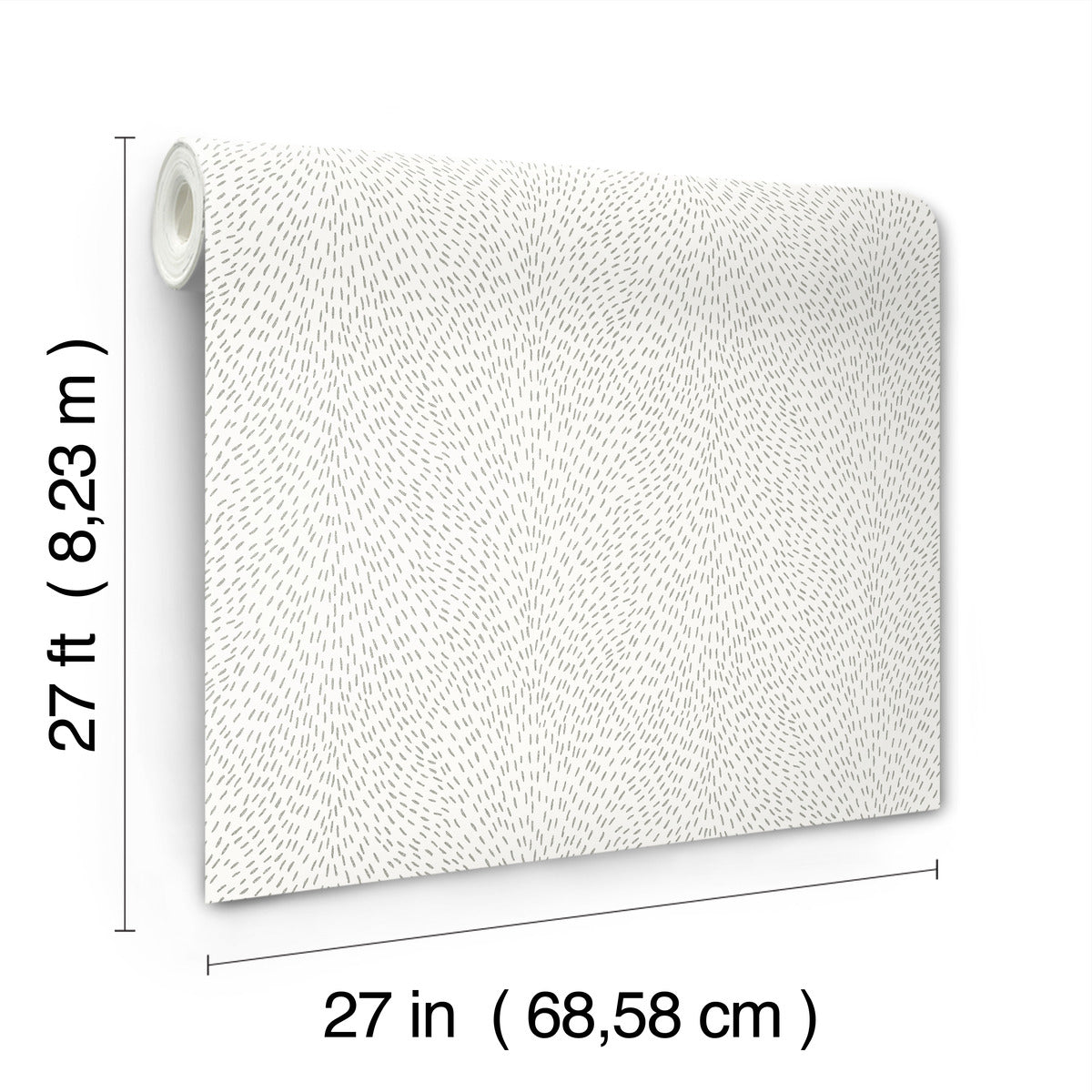 The Dew Drop White Wallpaper by York Wallcoverings features a subtle dotted pattern and covers 60 sq ft per roll, measuring 27 feet long and 27 inches wide. Dimensions are shown next to and below the roll.