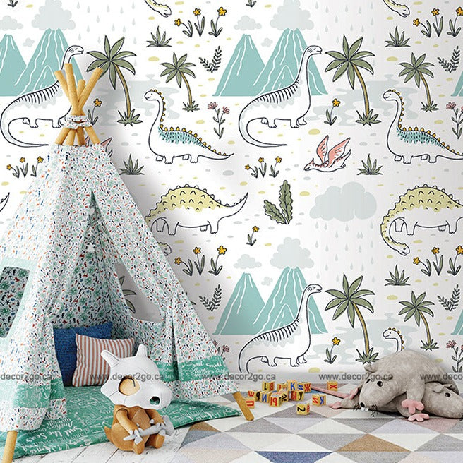 A colorful children's playroom featuring Decor2Go Wallpaper Mural, a teepee, a blue beanbag, plush toys, and scattered children's books.